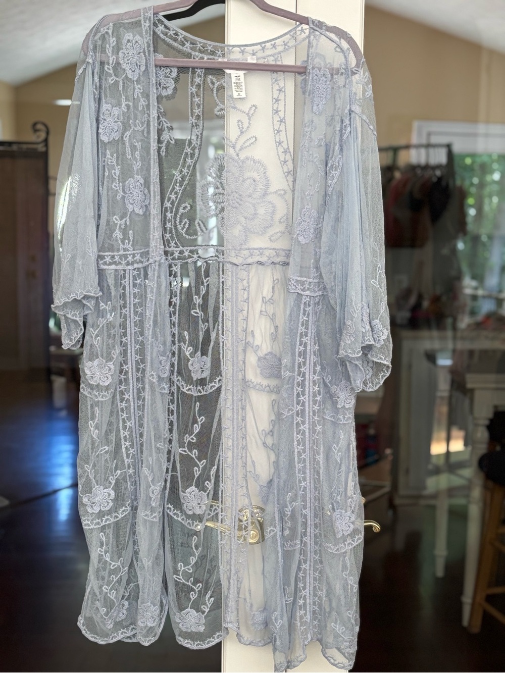 LC Lauren Conrad Pale Blue Sheer Embroidered Kimono